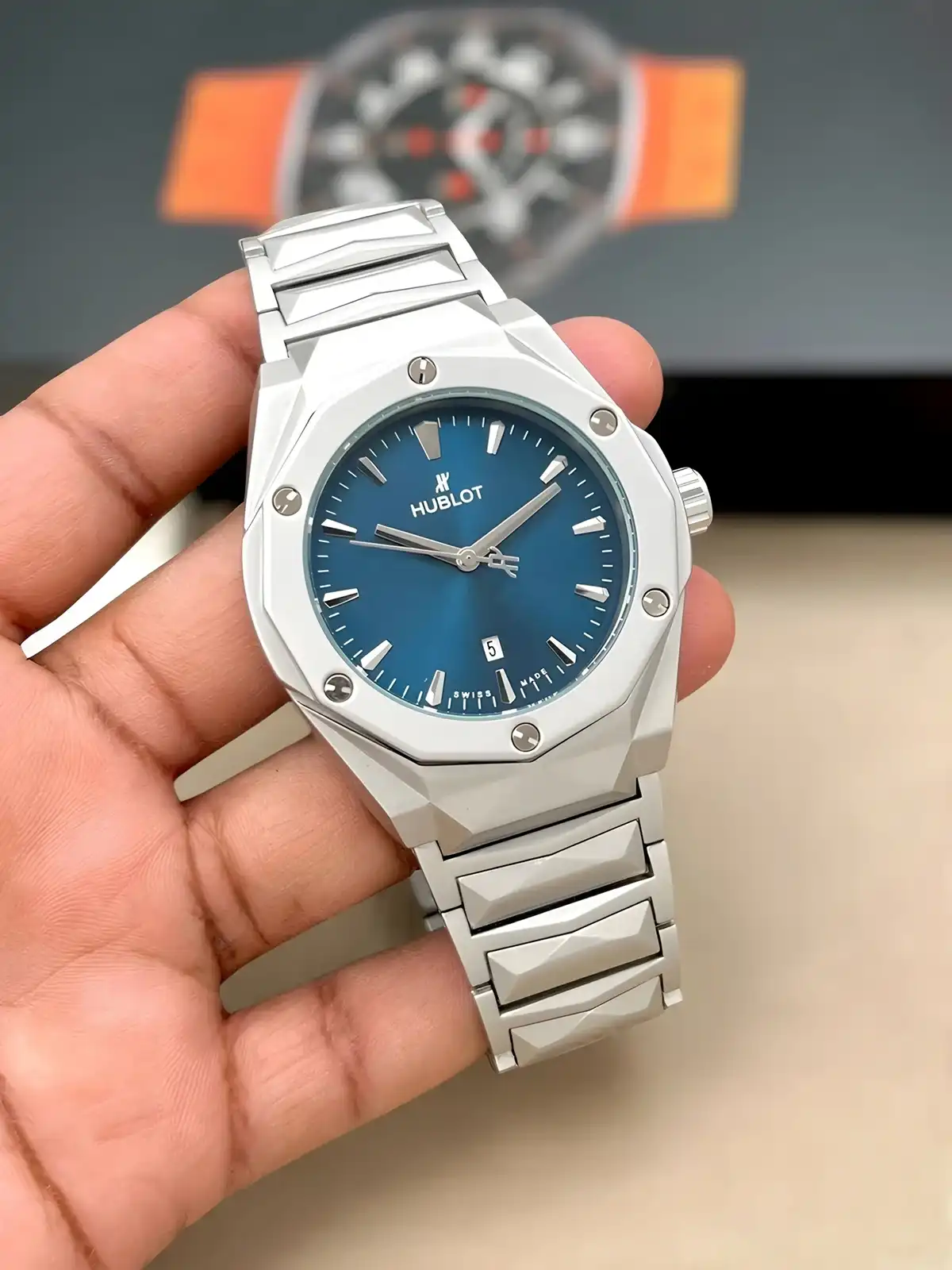 Hublot Watch | White Silver Chain & Inside Plain Blue
