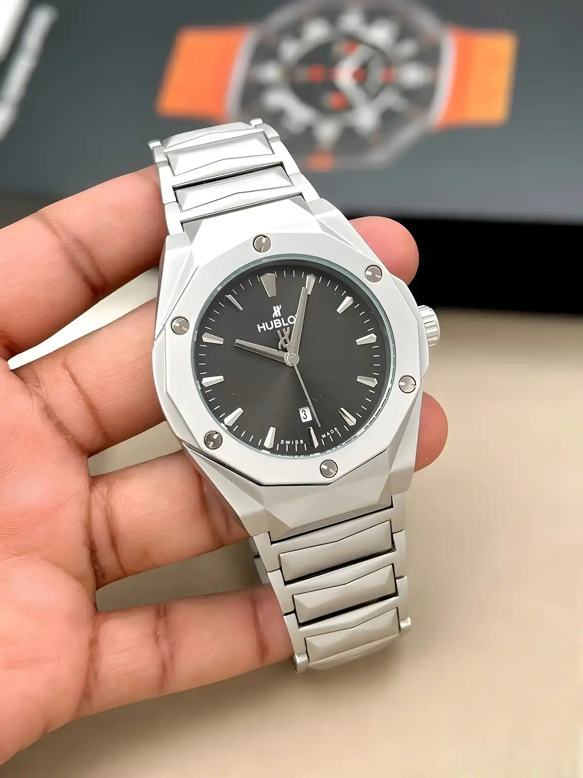 Hublot Watch | White Silver Chain & Inside Plain Black